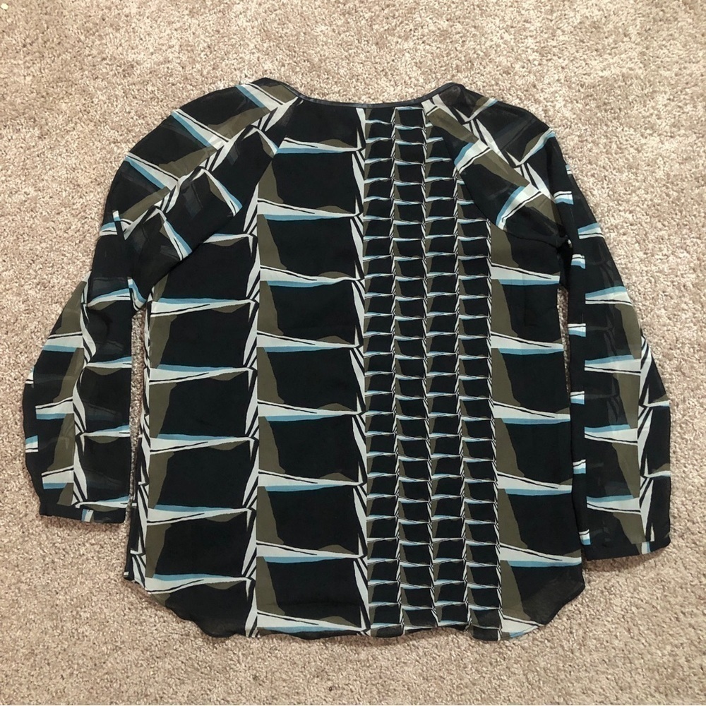 Nic+Zoe Leather Trim Black Green Blue Abstract Geo Print Tunic Top Medium - Picture 2 of 8